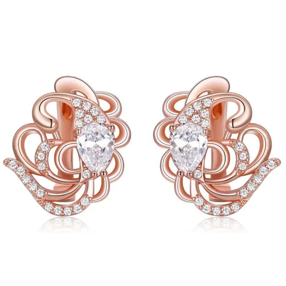 Rose Gold with White Diamond Cubic Zirconia French Clip Post Teardrop Earrings